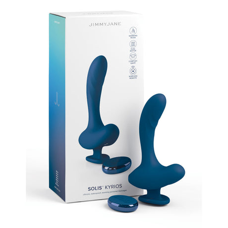 The JimmyJane Solis Kyrios packaging features a dark blue silicone massager with contouring, a wireless remote, waterproof and quiet functionality, and an innovative warming mode for comfort.