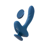 The JimmyJane Solis Kyrios, a blue USB rechargeable prostate massager, features an ergonomic, curved, textured shaft and a flared base. It comes with a small round remote with three buttons. Both the massager and remote have a sleek, modern design on a plain white background.