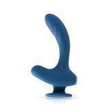 The JimmyJane Solis Kyrios is a blue silicone prostate massager with an ergonomic shape, dual-ended design, larger curved shaft, smaller handle, and suction cup base. It features dual motors and a matte finish, positioned upright against a white backdrop. USB rechargeable with remote.