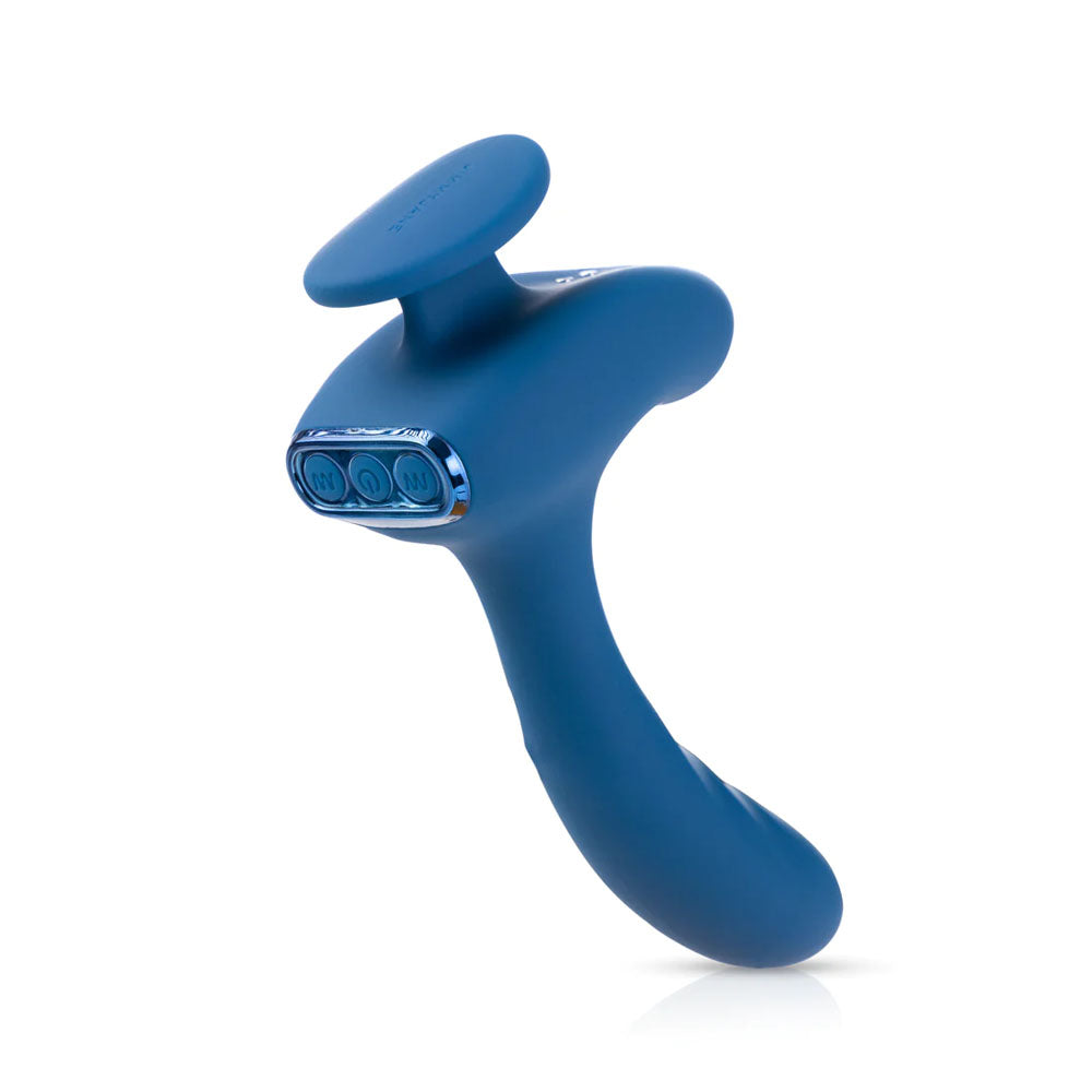 The JimmyJane Solis Kyrios is a blue USB rechargeable prostate massager with a remote, featuring a curved ergonomic shape, flat top, and three buttons—ON, W, and M—on a glossy panel. Its dual motors ensure precise relaxation tailored to your needs.