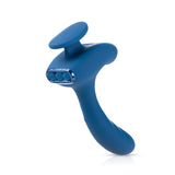 The JimmyJane Solis Kyrios is a blue USB rechargeable prostate massager with a remote, featuring a curved ergonomic shape, flat top, and three buttons—ON, W, and M—on a glossy panel. Its dual motors ensure precise relaxation tailored to your needs.