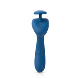 The JimmyJane Solis Kyrios is a blue, ergonomic USB rechargeable prostate massager with a curved handle, a broad top with a T shaped extension for targeted pressure, and a smooth matte surface. Its tapered base ensures easy gripping, and it includes remote control functionality.