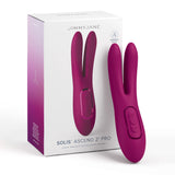 The purple JimmyJane Solis Ascend 2 PRO vibrator with dual tips and three buttons, alongside its packaging, highlights features like waterproof and warming mode for enhanced stimulation.