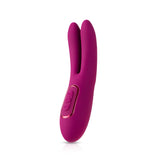 The JimmyJane Solis Ascend 2 PRO - Purple is a luxurious, 16 cm USB rechargeable dual-tip stimulator with a sleek design and flexible dual ear extensions. It features a central control panel with two buttons and a rose gold accent, standing upright against a pristine white background.