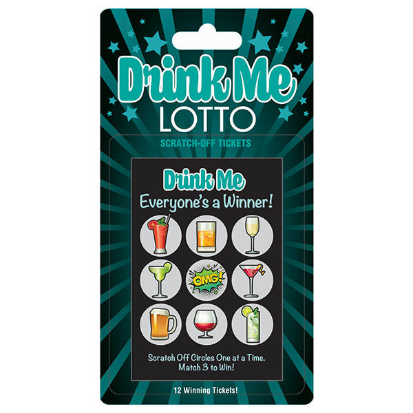 The image displays the Drink Me Lotto - Party Scratcher, ideal for party fun. It has nine circles with vibrant drink icons, topped by Drink Me Lotto and below, Everyones a Winner! Scratch to match 3 and win. Stars embellish the teal packaging.