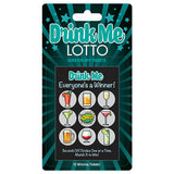 The image displays the Drink Me Lotto - Party Scratcher, ideal for party fun. It has nine circles with vibrant drink icons, topped by Drink Me Lotto and below, Everyones a Winner! Scratch to match 3 and win. Stars embellish the teal packaging.