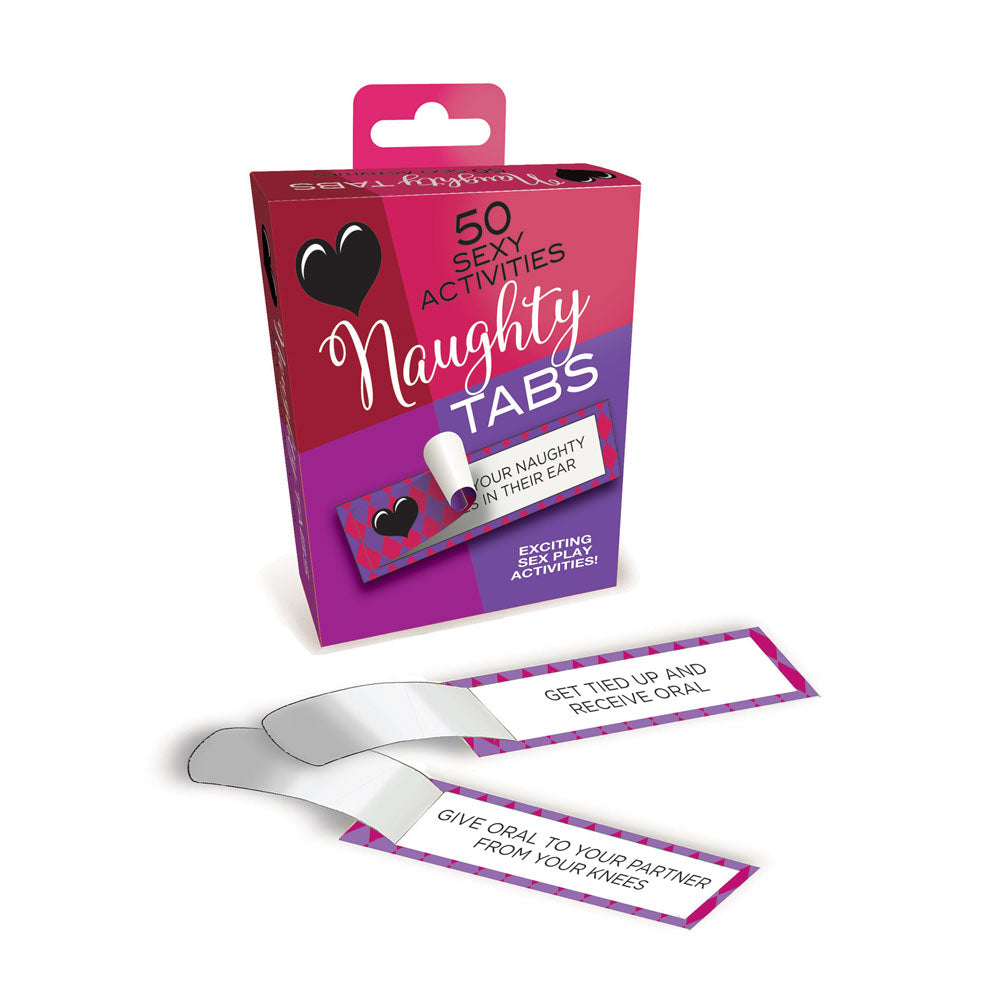 A pink and purple box labeled Naughty Tabs - Sexy Suggestions - Set of 50 with heart and lip graphics offers enticing activities like GET TIED UP AND RECEIVE ORAL or GIVE ORAL TO YOUR PARTNER FROM YOUR KNEES among its 50 exciting erotic experiences.