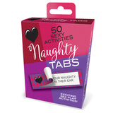 The Naughty Tabs - Sexy Suggestions - Set of 50 offers steamy activities for intimate moments, featuring bold, playful fonts and heart designs in pink, purple, and red. The packaging shows a sample tab with the message Youre naughty in their ear, promoting exciting sexual experiences.