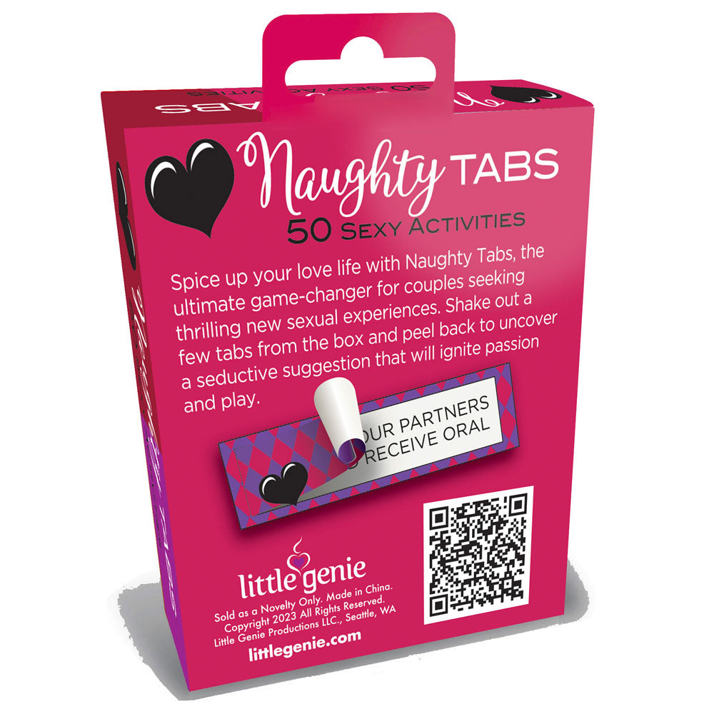 A pink box, Naughty Tabs - Sexy Suggestions - Set of 50, adorned with hearts, offers playful descriptions to enhance intimacy and adventurous sexual experiences. It includes a tab saying YOUR PARTNER RECEIVES ORAL. A QR code and website appear at the bottom.