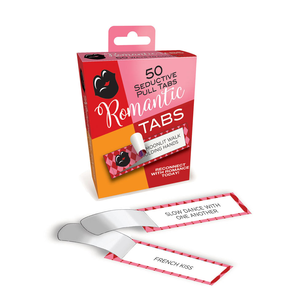 A red and pink box of Romantic Tabs - Romantic Suggestions - Set of 50 features a heart and lips design. Two visible tabs suggest to SLOW DANCE WITH ONE ANOTHER and FRENCH KISS, inviting playful activities to create unforgettable moments and reconnect romance.