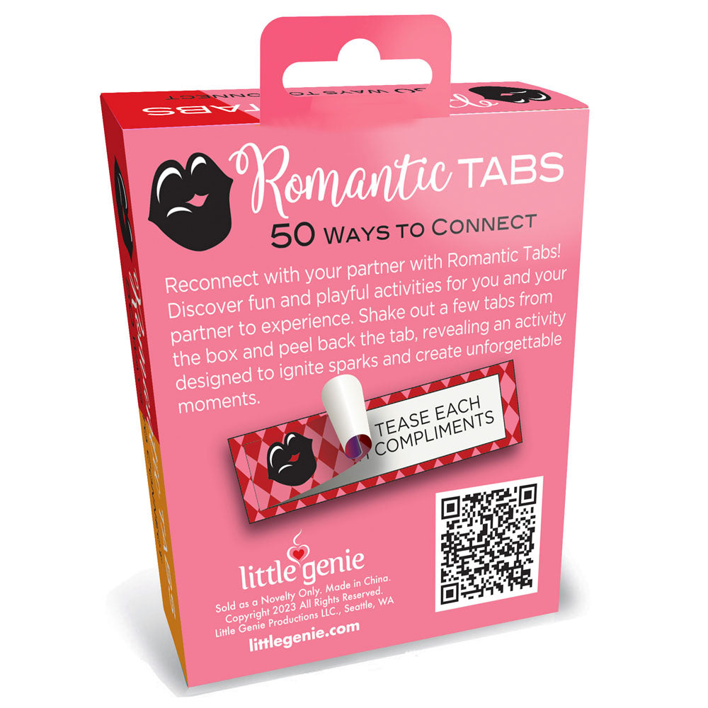 The image showcases Little Genies Romantic Tabs - Romantic Suggestions - Set of 50, featuring pink packaging with stylized lips, promising memorable moments. A sample card reads Tease Each Compliments, and a QR code at the bottom links to company info.