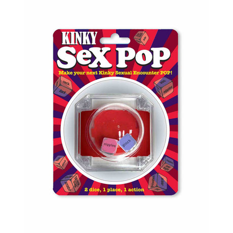 The image depicts Kinky Sex Pop - Popping Dice Game, featuring dice with actions like pinch and body parts such as nipples. The vibrant packaging, decorated with red and purple stripes, aims to enhance sexual experiences.