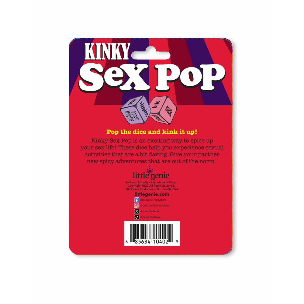 The image shows the back of the Kinky Sex Pop - Popping Dice Game packaging, showcasing it as a fun way to enhance sexual play. It features little genie branding, contact info, and a barcode on a vibrant red and purple background.