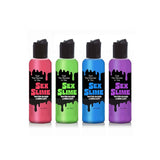 Four bottles of Sex Slime water-based lubricant in red, green, blue, and purple with black flip-top caps and a slime graphic are shown. Embrace your creature kink with the slogan “Feel the Monster in You.” Note: Product is named Sex Slime - Blue and contains 60 ml.