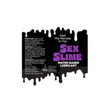 Label for Sex Slime - Purple water-based lubricant showcases black slime on a black background with purple text. It includes directions, warnings, ingredients, and highlights its paraben-free and glycerin-free formula. The label invites you to Feel the Monster in You.