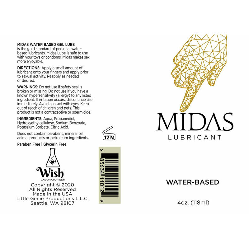 The Midas Water Based Lube label details its use for solo play, includes directions, warnings, ingredients, and barcode. Paraben-free and crafted by Little Genie Productions L.L.C., Seattle, WA. Features a geometric hand dipping into liquid illustration on the right.