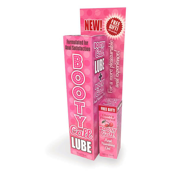 The playful pink Booty Call Lube Duo box offers a cherry-flavored anal lube paired with numbing gel for an enjoyable experience. With cheeky graphics, it promises pleasure and includes a free gift. Check out the convenient sample size option, too!.