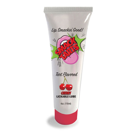 A white tube labeled Smack Tarts with a cartoon mouth and explosive design offers a Sour Cherry experience. It reads Sour Cherry Flavoured Lubricant, with cherry illustrations. The 120 ml tube includes a red cap for the ultimate flavored lubricant experience.