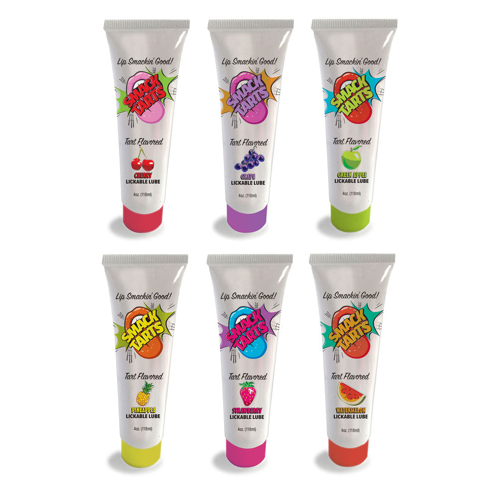 Six tubes of Smack Tarts sour cherry flavored lubricant spice up oral fun with vibrant designs. The set includes: pink Pink Cupcake, purple Wild Blackberry, yellow Strawberry Kiwi, red Winter Raspberry, blue Blue Frost, and green Cherry Limeade.