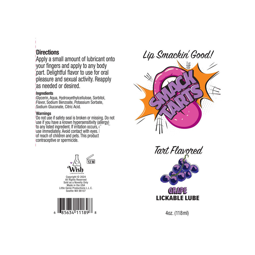 The image shows the packaging for Smack Tarts sour grape-flavored lubricant. It features a cartoon grape and the text Lip Smackin Good! Tart Flavored Grape Lickable Lube. The back includes application instructions, ingredients, and safety warnings. The tube volume is 120 ml.