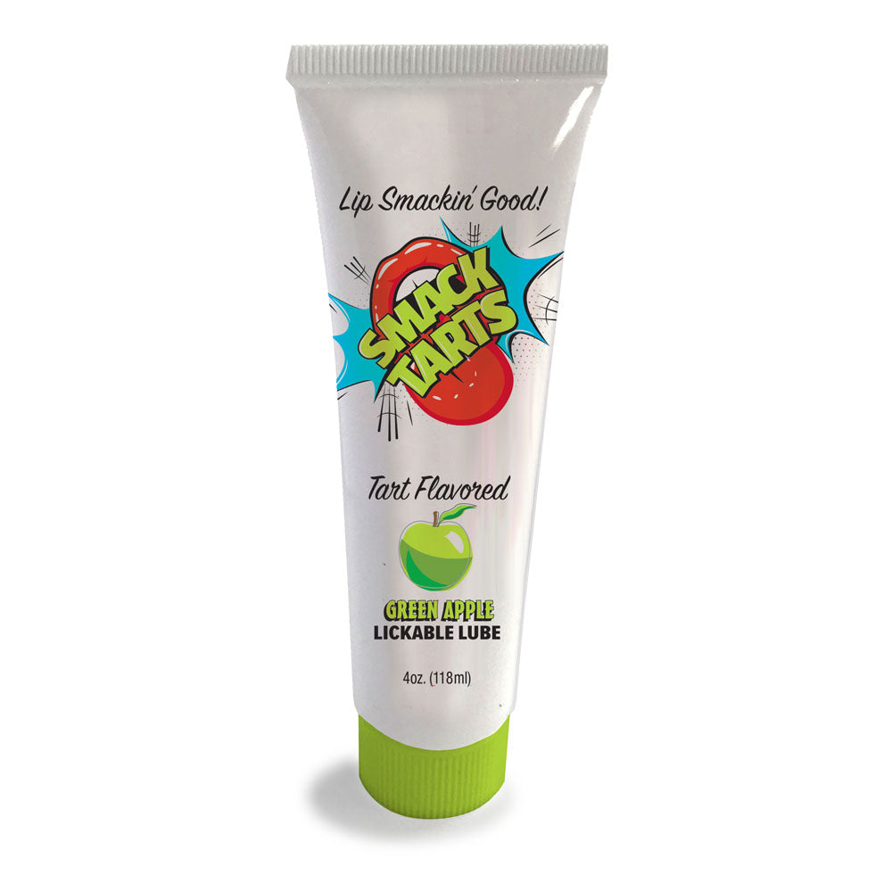 The tube of Smack Tarts - Sour Green Apple lubricant features a vibrant red logo with a burst design, stating Lip Smackin Good! Tart Flavored and Sour Green Apple-Flavored, alongside a small green apple graphic. This water-based formula comes in a sleek 120 ml tube on a white background.