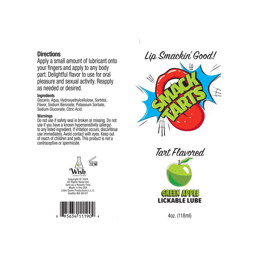 Front label of a Smack Tarts - Sour Green Apple lubricant tube: Features red lips with Lip Smackin Good! text, green apple graphic labeled Sour Green Apple Flavoured Water-based Formula. Includes directions, glycerin, and citric acid ingredients. 120 ml branding at the bottom.