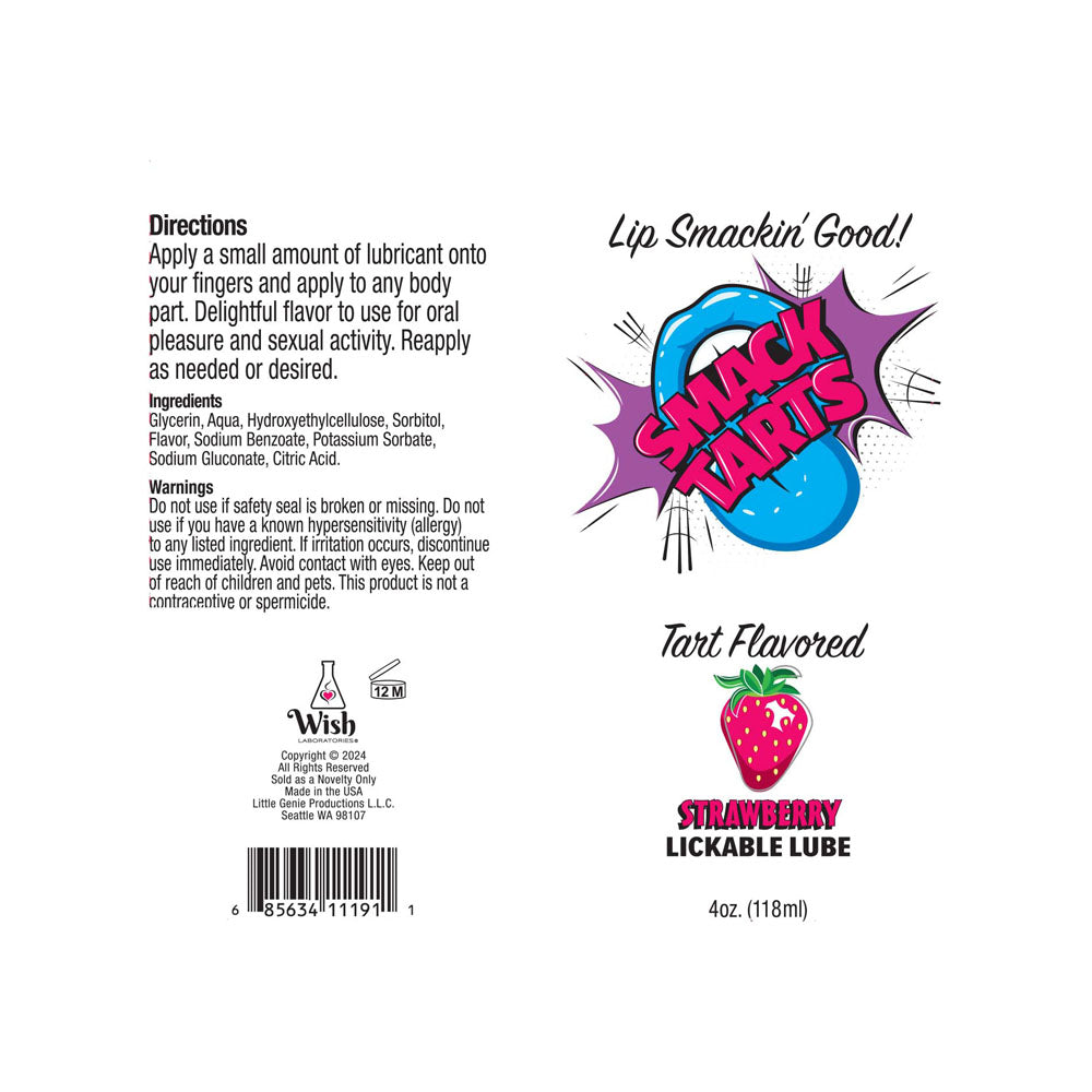 Lip Smackin Good! Experience the tantalizing taste of our Sour Strawberry-Flavored Lubricant, Smack Tarts. Check the package for instructions and ingredients, featuring a blue splash, pink text, and strawberry illustration. Comes in a 120 ml tube.