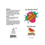 The image shows a 120 ml tube of Smack Tarts - Sour Watermelon Flavoured Lubricant with a watermelon slice and text saying Lip Smackin Good! and Tart Flavored. Its water-based, one of six flavors, with instructions and warnings on the left.