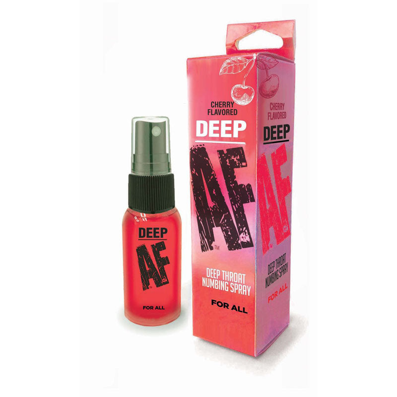 The Deep AF Cherry Flavoured Deep Throat Spray, 29 ml, is a bright red spray bottle with a black pump next to a matching box labeled Cherry Flavored and Deep Throat Numbing Spray For All, featuring cherry illustrations, designed as an oral desensitizer to ease the gag reflex.