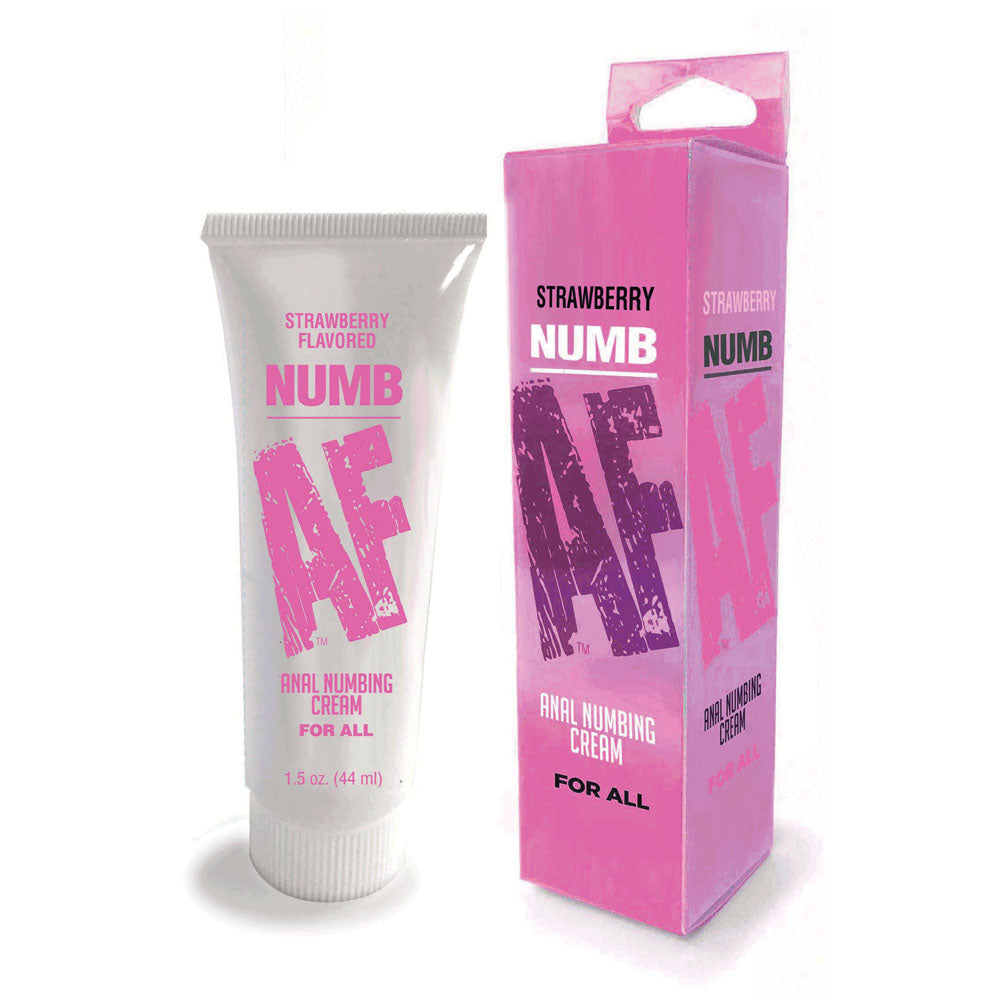 The product image features a white tube and pink box labeled Numb AF - Strawberry, a strawberry-flavored anal-numbing cream in a 44 ml (1.5 oz) tube. It displays bold, vibrant pink text with prominent AF letters, designed for enhanced comfort during anal play.