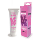 The product image features a white tube and pink box labeled Numb AF - Strawberry, a strawberry-flavored anal-numbing cream in a 44 ml (1.5 oz) tube. It displays bold, vibrant pink text with prominent AF letters, designed for enhanced comfort during anal play.