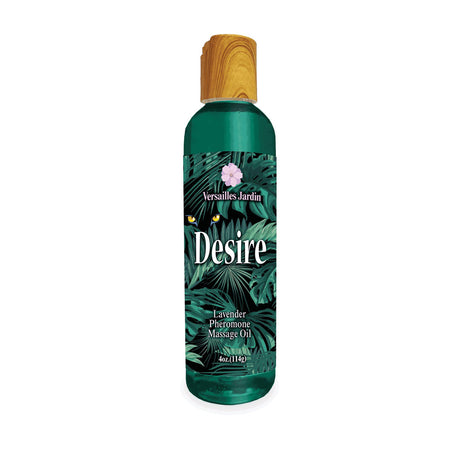 A wooden-capped bottle of Versailles Jardins Desire Pheromone Massage Oil features a lush green tropical leaf design with the label Lavender Scented Pheromone Massage Oil - 118 ml. A delicate flower graphic adorns the brand name at the top.