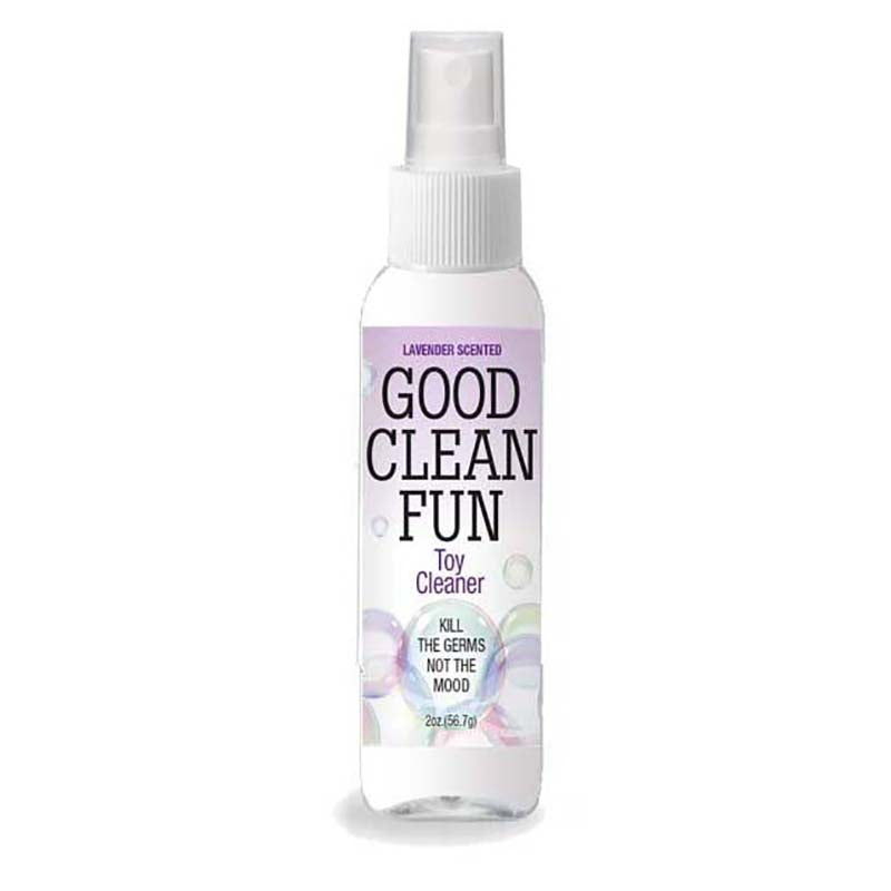 The Good Clean Fun - Lavender Scented Toy Cleaner comes in a clear bottle with colorful bubble design and the phrase Kill the germs not the mood. It includes a white spray nozzle cap and contains 60 ml of liquid.