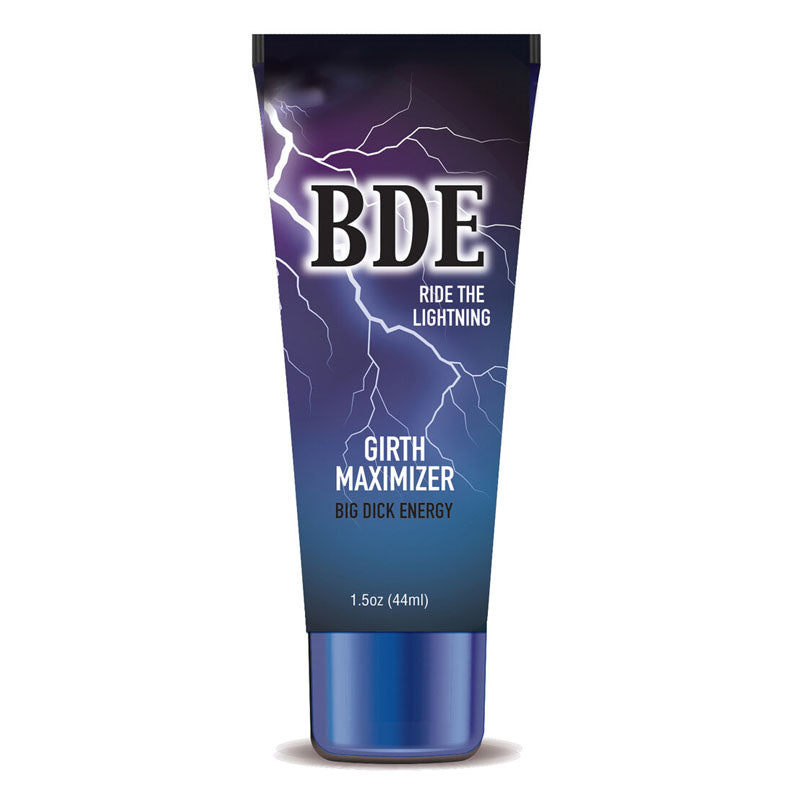 The Big Dick Energy Girth Maximiser tube features a dark, lightning-themed design with white Girth Maximizer and Big Dick Energy text. This 44ml cream enhances male anatomy, ensuring an electrifying boost to sexual pleasure.