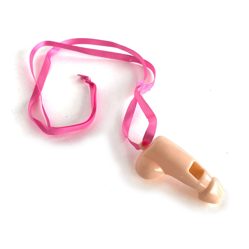 The Super Fun Penis Party Whistles - Hens Party Novelties - 8 Pack are light beige, penis-shaped plastic whistles on pink ribbons. Featuring a rectangular opening, theyre great for bachelorette parties. The ribbon loops through a small hole, making them easy to wear around the neck for added fun.