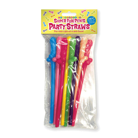 A clear package shows colorful Super Fun Penis Party Straws - Coloured featuring novelty shapes. The label says, Put your lips on it and suck! Ideal for a hen party, this 8-pack of multi-colored dicky straws is perfect for fun occasions.