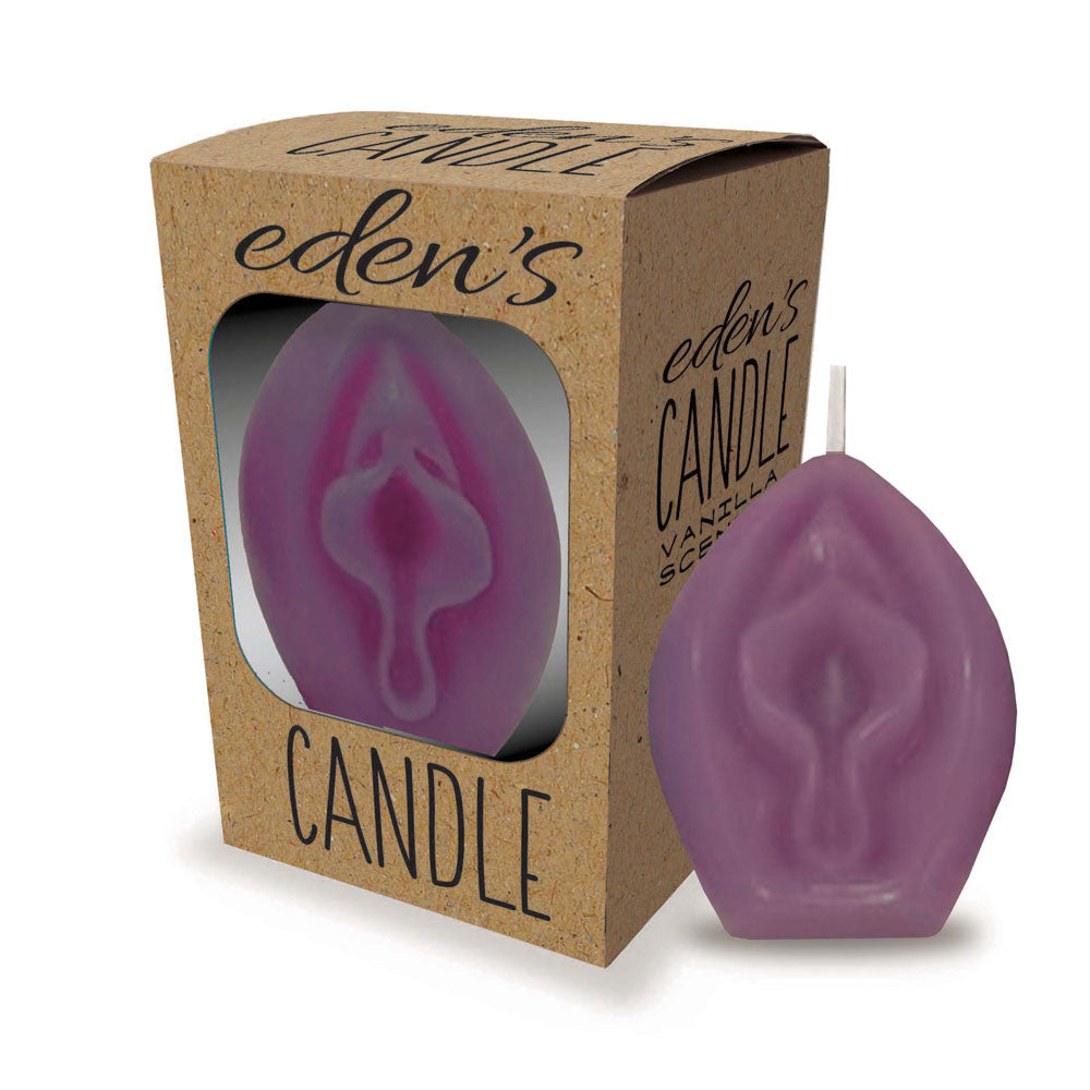 This purple Edens Candle, expertly crafted in a vulva shape, is a statement piece alongside its brown box with a circular cutout. Labeled Edens Candle and Vanilla Scented, its perfect for adding ambiance and relaxation to any setting.