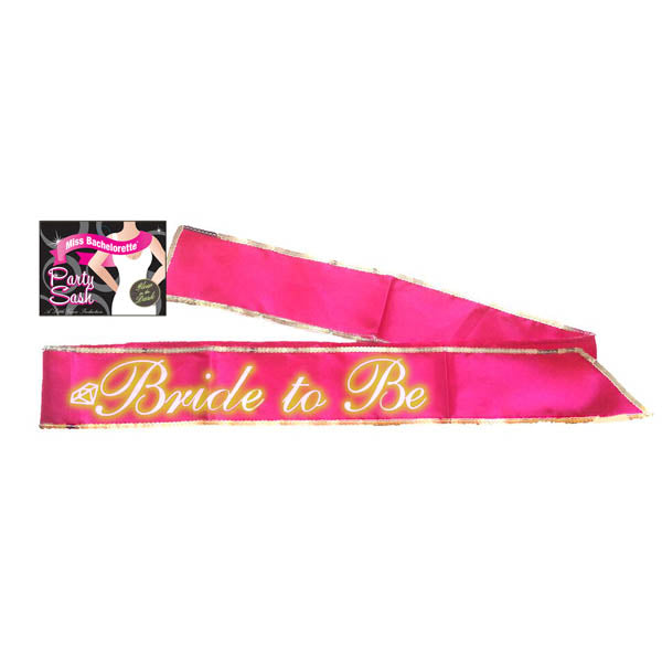 Hot pink bridal party sash with Bride to Be in yellow cursive, bordered by thin gold trim. A Miss Bachelorette Party Sash package in black, pink, and white adds charm to this Glow-In-The-Dark Hens Party accessory.