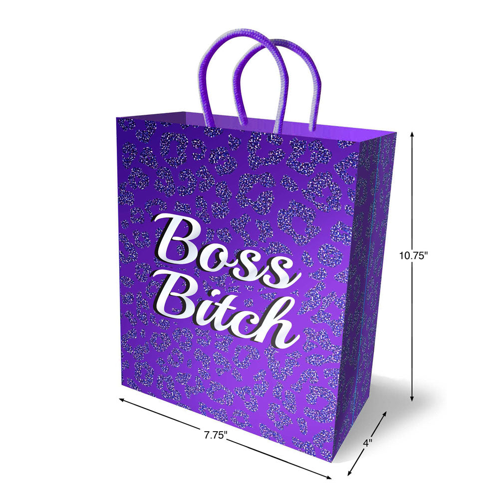 The Boss Bitch Gift Bag - Novelty Gift Bag features a chic leopard print with Boss Bitch in white cursive on sturdy card stock. It includes elegant woven purple handles and measures 10.75 tall, 7.75 wide, and 4 deep—a stylish way to enhance your gift presentation.