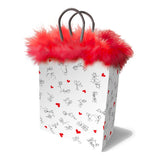 The Naughty Stick Figures Gift Bag is a novelty item adorned with cheeky black sketches and red hearts on white. Vibrant red feathers top the bag, adding glamour, while black handles complete its playful look, hinting at a light source from the right.