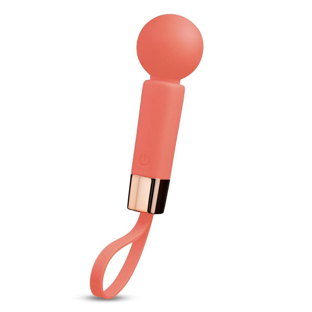 The LAPDANCE Lollipop Mini Pocket Wand is a pink, 10.8 cm silicone massager with a spherical head and sleek handle, accented by gold at the base. It features multiple vibrating modes, a flexible loop for easy handling, waterproof design for durability, and an electronic power button. USB rechargeable.