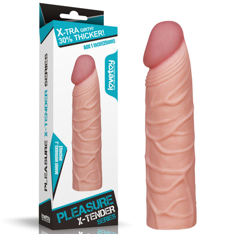 The Pleasure X-Tender 1 Sleeve, a textured flesh-toned sleeve resembling a human phallus, is shown with packaging highlighting extra girth and thickness. It features realistic softness with real-feel material and includes measurements in both inches and millimeters.