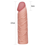 The Pleasure X-Tender Sleeve is a real-feel silicone dildo in beige, measuring 17 cm long and 3 cm wide. It features detailed textures and veins, shown vertically against a white background with dimension lines.