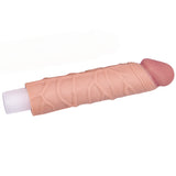 The Pleasure X-Tender 1 Sleeve is a realistic flesh-toned silicone sleeve resembling human skin, featuring real-feel material with a textured surface and rounded, slightly darker pinkish tip. It has an open end exposing a white foam core for enhanced realism.