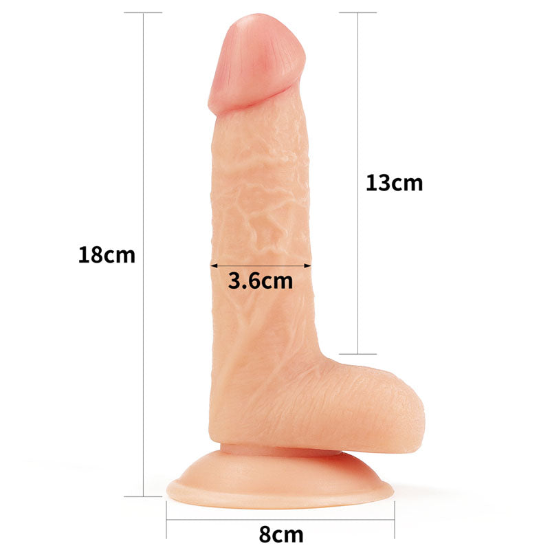 The Ultra Soft Dude - Flesh 17.8 cm (7) Dong is a realistic silicone dildo with detailed texture, featuring a suction cup base for upright support. It stands 18cm tall, has 13cm insertable length, a 3.6cm diameter, and an 8cm wide circular base for secure grip.