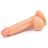 The Ultra Soft Dude - Flesh 20.3 cm (8) Dong is a realistic dildo in beige with veined texture, detailed head, and smooth, flexible material. It lies horizontally and features a suction cup base for secure surface attachment.