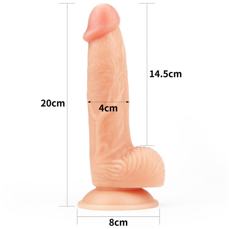 The Ultra Soft Dude - Flesh 20.3 cm Dong features a textured surface for enhanced realism, a reliable suction cup with an 8cm width, and measures 20cm in height with a 14.5cm insertable length and 4cm diameter, all in a light flesh tone.