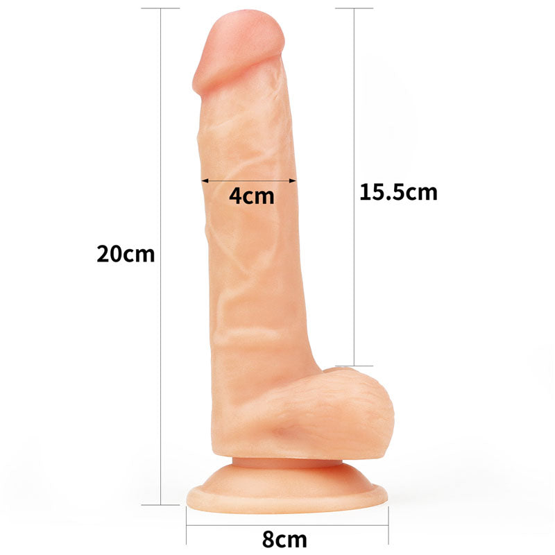 The Ultra Soft Dude - Flesh 20.3 cm (8) Dong, featuring an ultra-soft texture and a suction cup base for stability, is flesh-colored and phallic-shaped. It measures 20 cm long, with a width of 8 cm at the base to a 4 cm diameter tip, displayed on a white background.