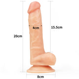 The Ultra Soft Dude - Flesh 20.3 cm (8) Dong, featuring an ultra-soft texture and a suction cup base for stability, is flesh-colored and phallic-shaped. It measures 20 cm long, with a width of 8 cm at the base to a 4 cm diameter tip, displayed on a white background.