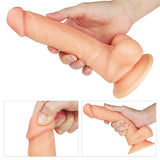 A person holds The Ultra Soft Dude - Flesh 20.3 cm (8) Dong, demonstrating its flexibility and suction cup base. Close-ups reveal detailed veins and contours, emphasizing its lifelike appearance and functionality for adult use.